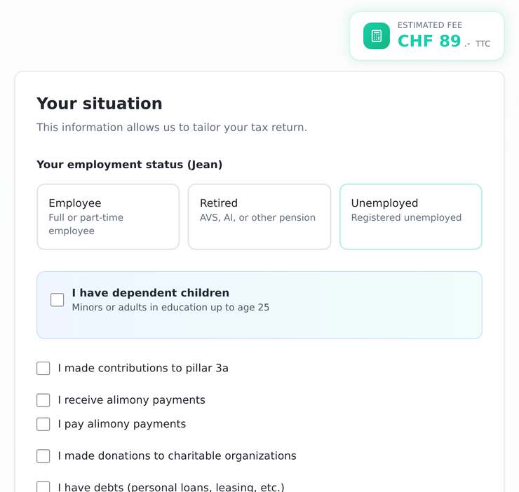 Your situation and the checkboxes for your deductions.