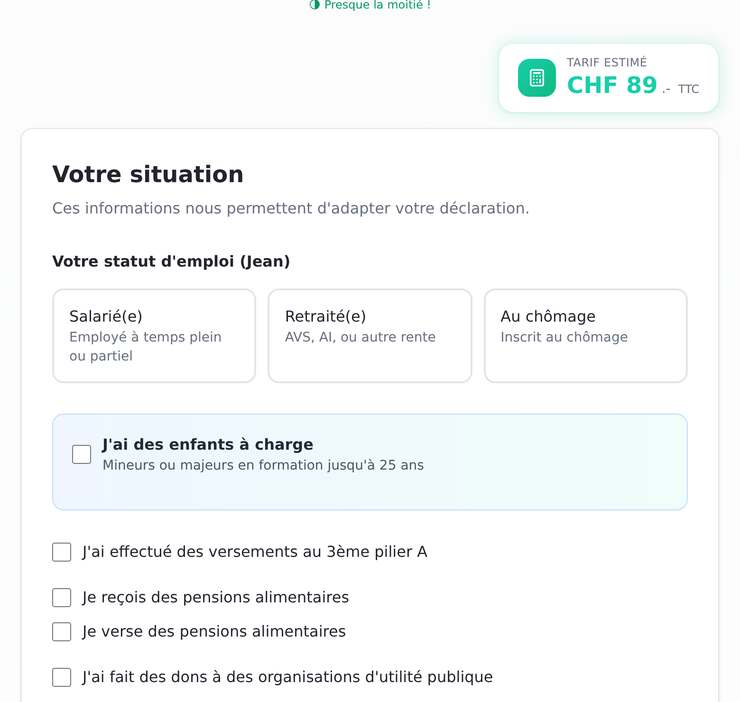 Votre situation et les cases à cocher pour vos déductions.