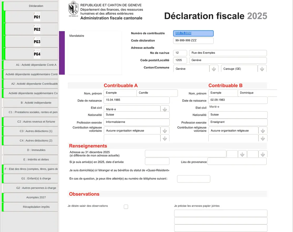 GeTax in form mode: list of pages PG1 to PG4 and schedules A to G on the left, cover page in the centre