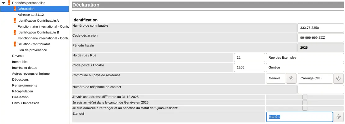 Écran Déclaration de GeTax : numéro de contribuable, code déclaration, adresse, commune et état civil