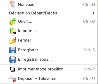 Menu Fichier de GeTax : Nouveau, Déclaration Départ/Décès, Ouvrir, Importer, Enregistrer, Imprimer mode brouillon, Déposer - Téléverser