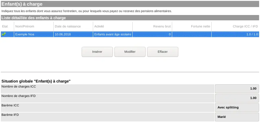 List of dependent children in GeTax with number of cantonal and federal dependants, cantonal scale with splitting and federal married scale