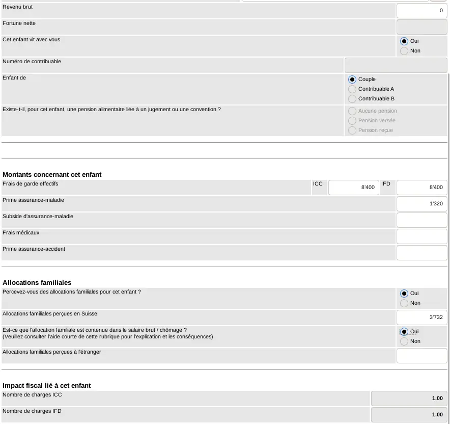 Dependent child sheet in GeTax: childcare costs ICC and IFD, health insurance premium, family allowances