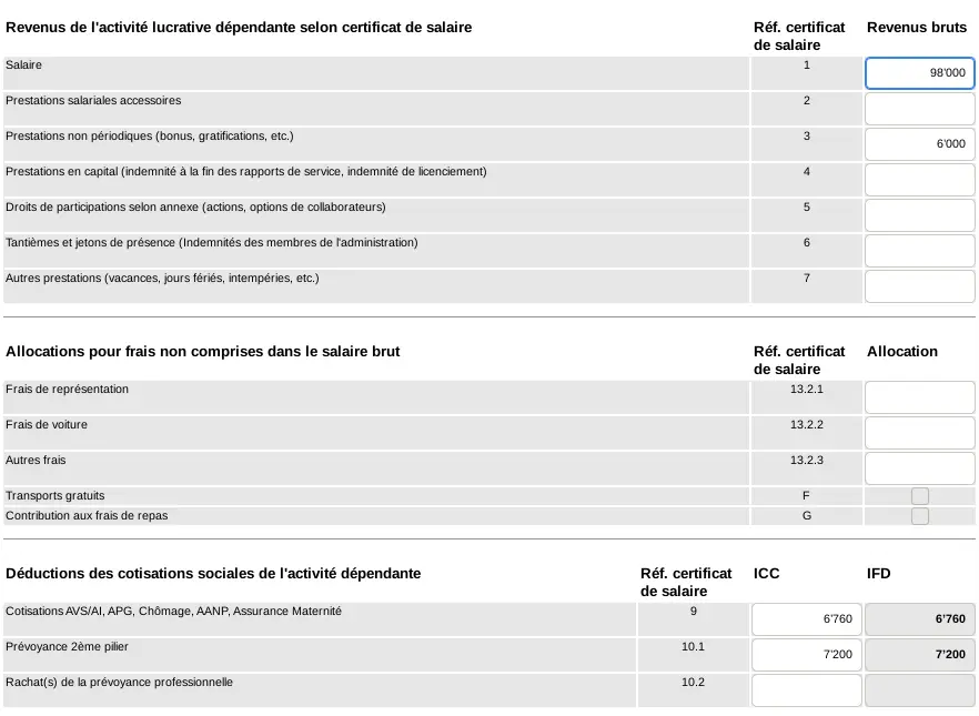 Écran Activité dépendante de GeTax : chiffres 1 à 7 du certificat de salaire, allocations pour frais 13.2, cotisations 9, 10.1 et 10.2