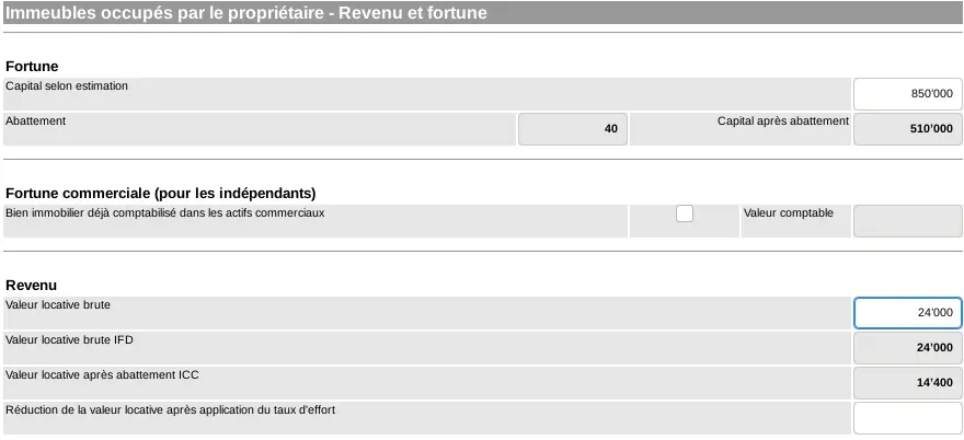 Écran Revenu et fortune d'un immeuble dans GeTax : capital selon estimation, abattement 40 %, valeur locative brute, valeur locative après abattement