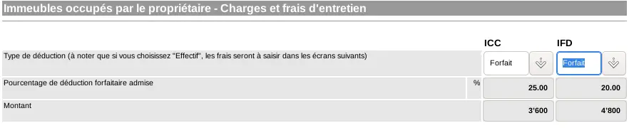 Écran Charges et frais d'entretien de GeTax : forfait ICC 25 % et IFD 20 %