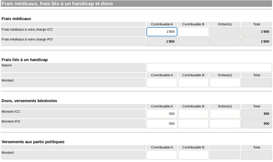 GeTax medical costs, disability costs and donations screen, columns for taxpayers A, B and children