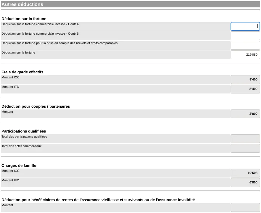 GeTax other deductions screen: wealth allowance, cantonal and federal childcare, federal couple deduction, cantonal and federal dependant deductions