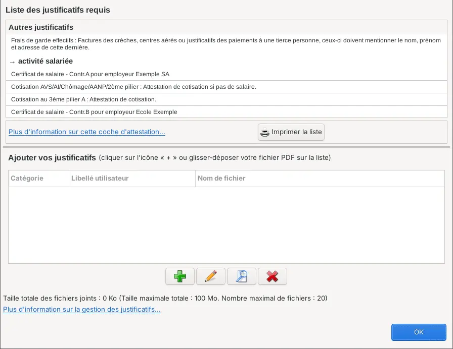 Fenêtre Gestion des justificatifs de GeTax : liste des justificatifs requis et ajout de fichiers PDF