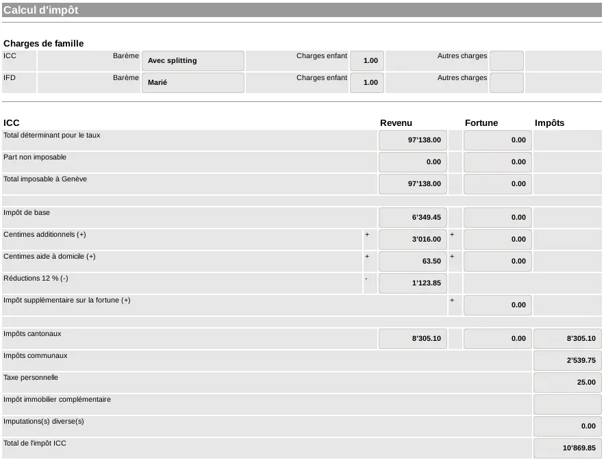 Écran Calcul d'impôt de GeTax : barème avec splitting, revenu déterminant, impôt de base, centimes additionnels, réduction de 12 %, impôts cantonaux et communaux