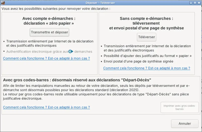 Fenêtre Déposer - Téléverser de GeTax : dépôt zéro papier avec compte e-démarches, ou téléversement et envoi postal de la page de synthèse