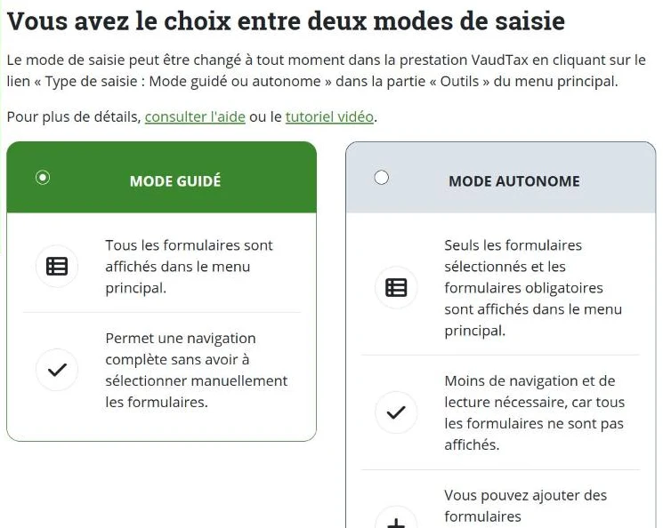 Choix entre le mode guidé et le mode autonome dans VaudTax