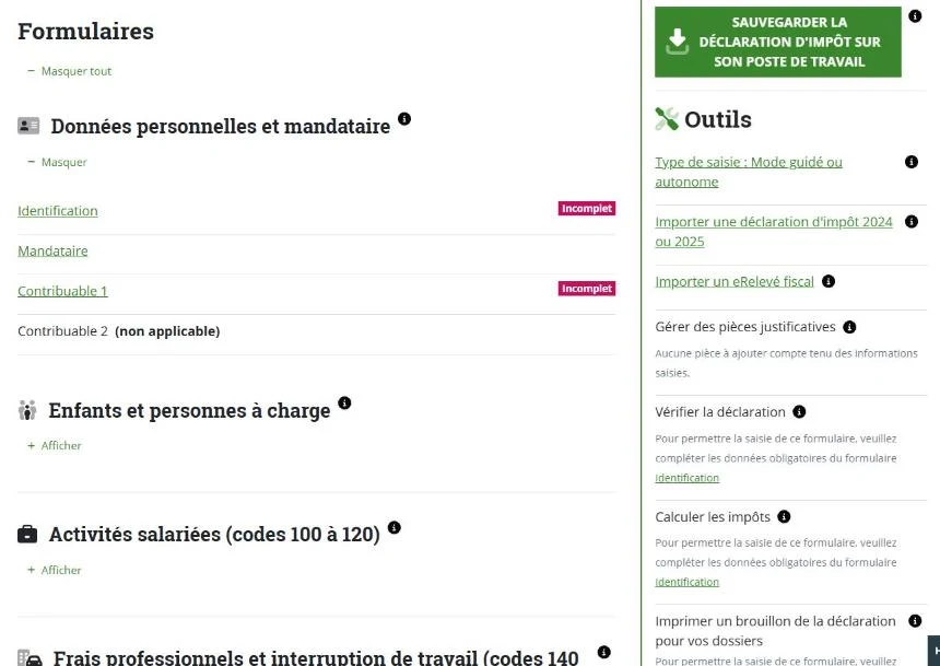 VaudTax main menu: list of forms and tools
