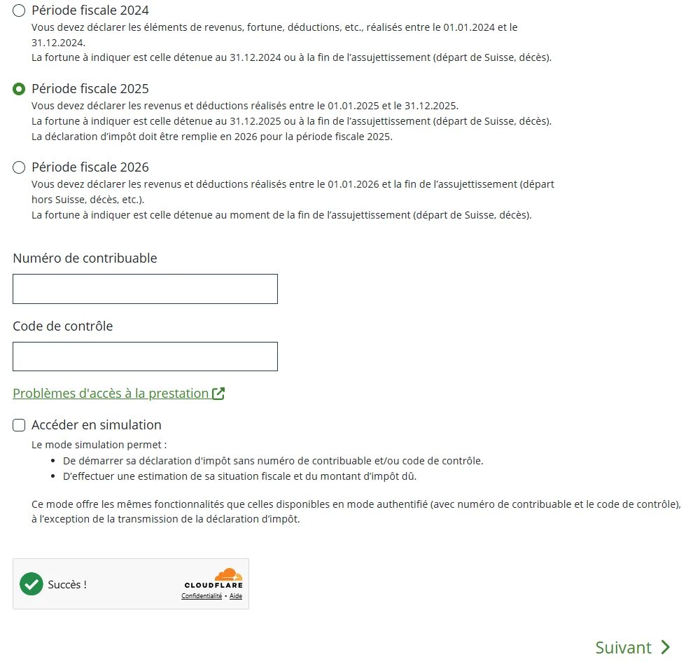 Écran de connexion VaudTax : choix de la période fiscale, numéro de contribuable, code de contrôle et mode simulation