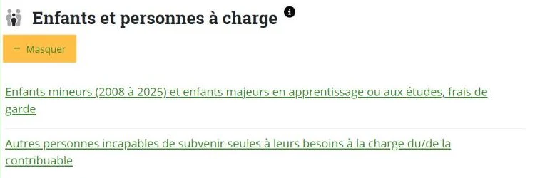 Rubrique Enfants et personnes à charge dépliée dans le menu VaudTax