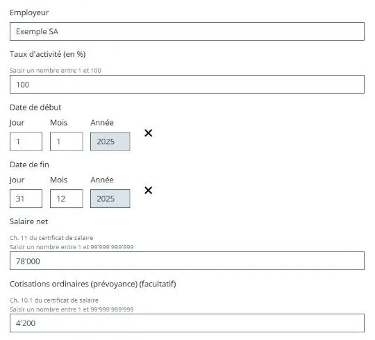 Formulaire de saisie d'un certificat de salaire dans VaudTax : employeur, taux, dates, salaire net chiffre 11, cotisations LPP chiffre 10.1
