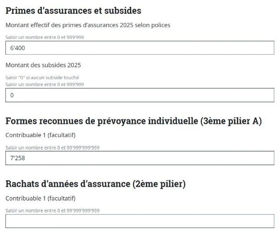 Formulaire Primes et cotisations d'assurances : primes, subsides, 3e pilier A et rachats LPP